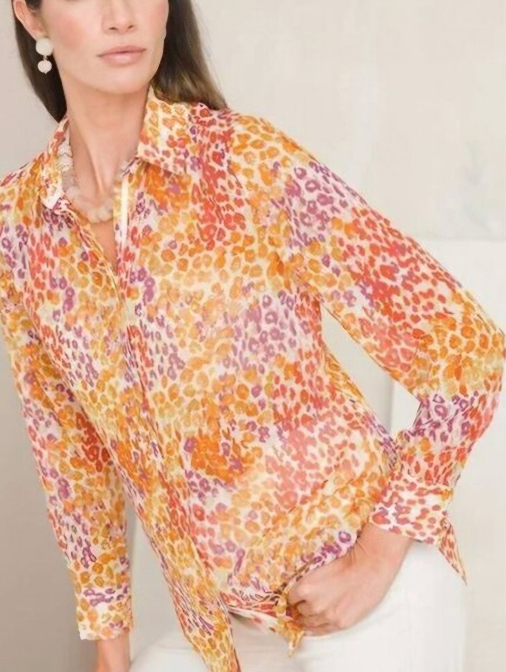 Chico's Leopard Print Button Down Blouse Semi-sheer Orange
